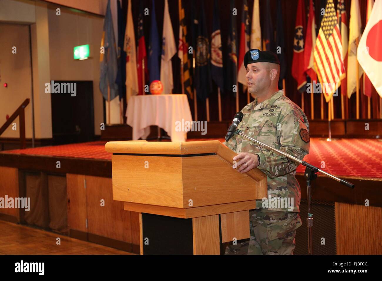 Col. Phillip Gage, USAG Japan commander, thanks outgoing Command Sgt. Maj. Will Holland for his outstanding service during Holland’s relinquishment of responsibility ceremony July 11, 2018, at Camp Zama’s Community Club. Holland, and his wife, Wendy, are headed to the next assignment in Washington, D.C. Stock Photo