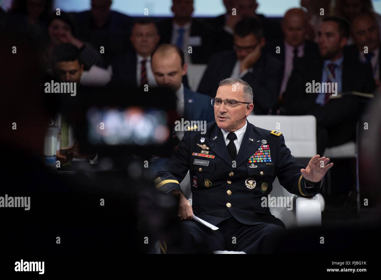 General Curtis M. Scaparrotti, Supreme Allied Commander Europe, discusses his challenges as a NATO strategic military commander, with General (Ret) James “Jim” Jones Jr., during the Brussels Summit Dialogue at NATO HQ, Brussels, July 12, 2018. The Brussels Summit Dialogue was a side venue that took place alongside the Brussels Summit, bringing experts from through NATO and the European Union together to discuss current topics affecting the transatlantic states. (NATO Stock Photo