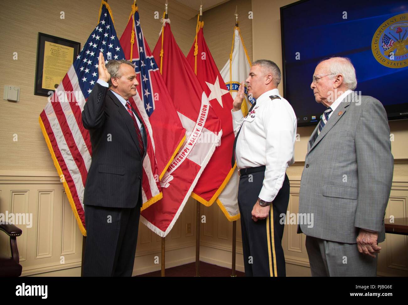 Mississippi River Commission President Maj. Gen. Richard Kaiser administers the oath of office to James A. Reeder at the MRC headquarters in Vicksburg, Miss., July 11, 2018. President Donald Trump appointed Reeder as a member of the Mississippi River Commission May 17, 2018. Commission appointments are nominated by the President of the United States and vetted by the U.S. Senate. (USACE Stock Photo