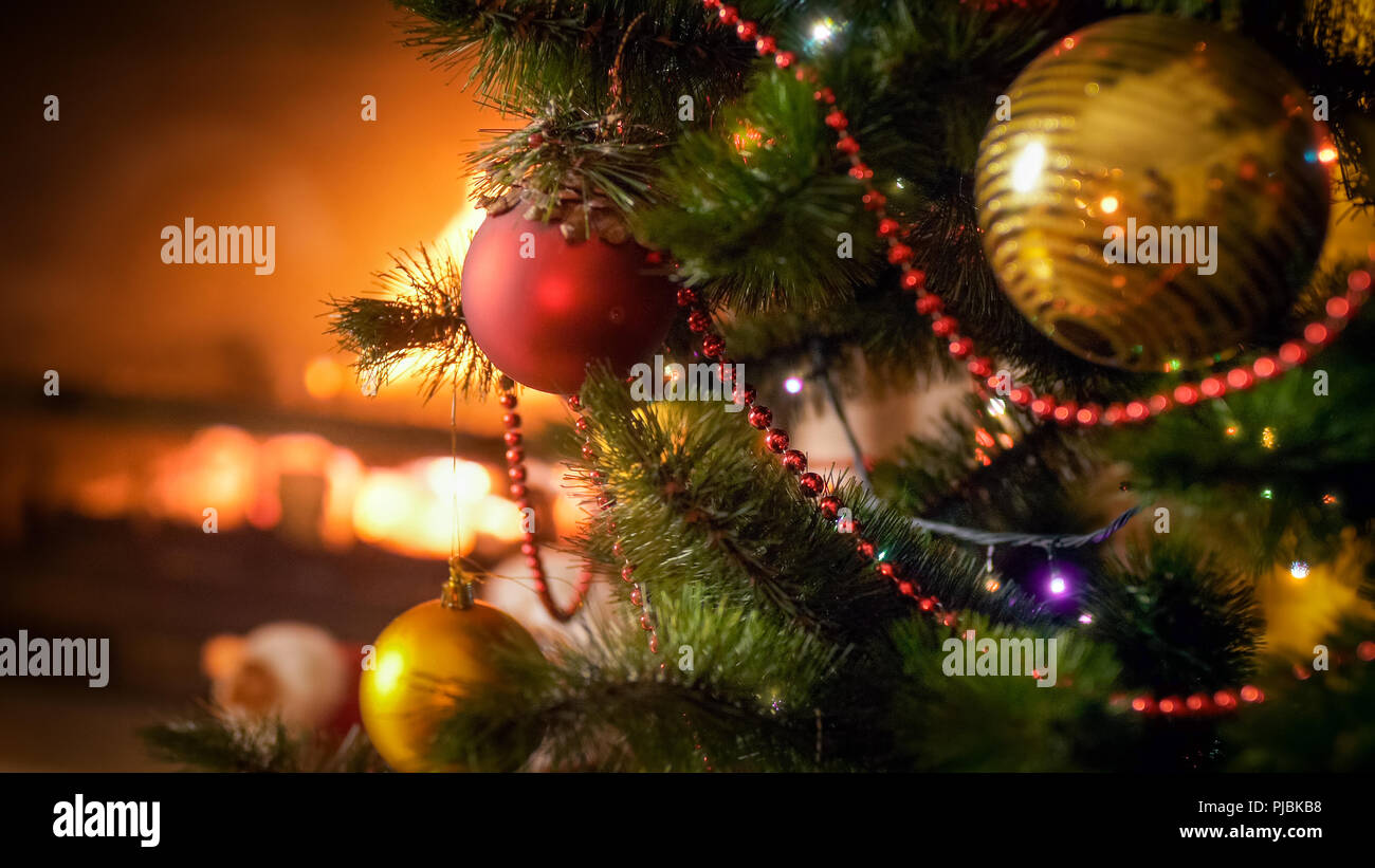 Closeup image of beautiful decorated Christmas tree branches with ...