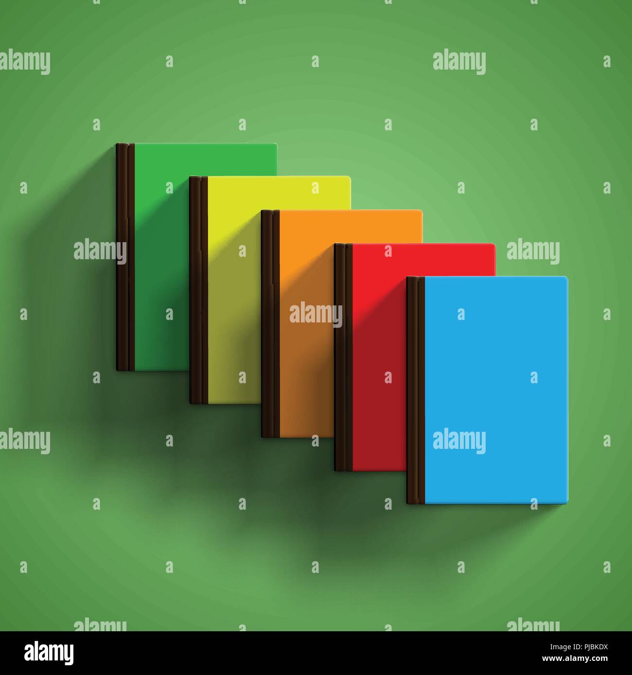 Realistic colorful books with green background and shadow, vector ...