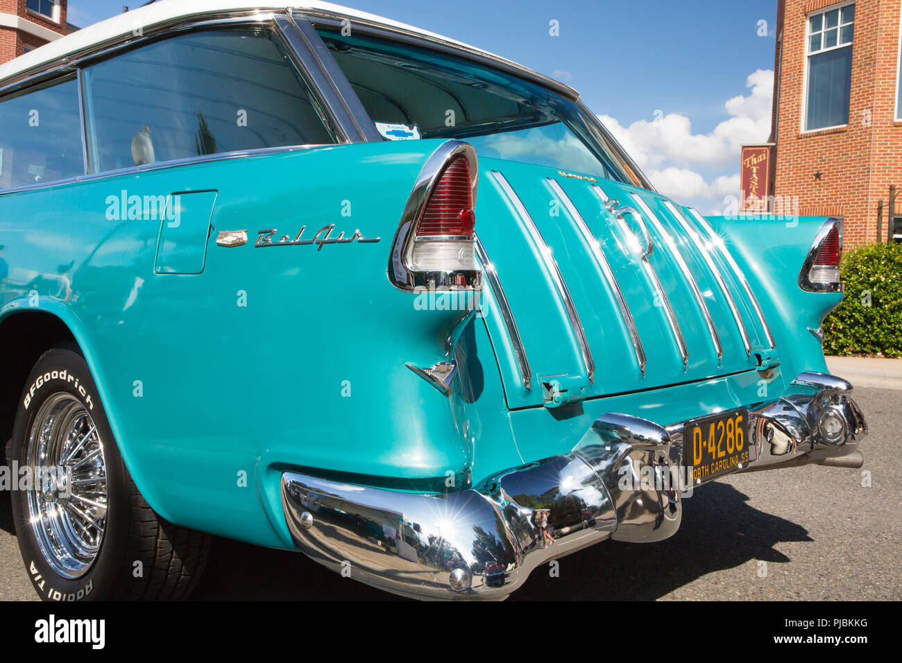 MATTHEWS, NC (USA) - September 3, 2018: A 1955 Chevy Nomad station wagon on display at the 28th annual Matthews Auto Reunion & Motorcycle Show. Stock Photo