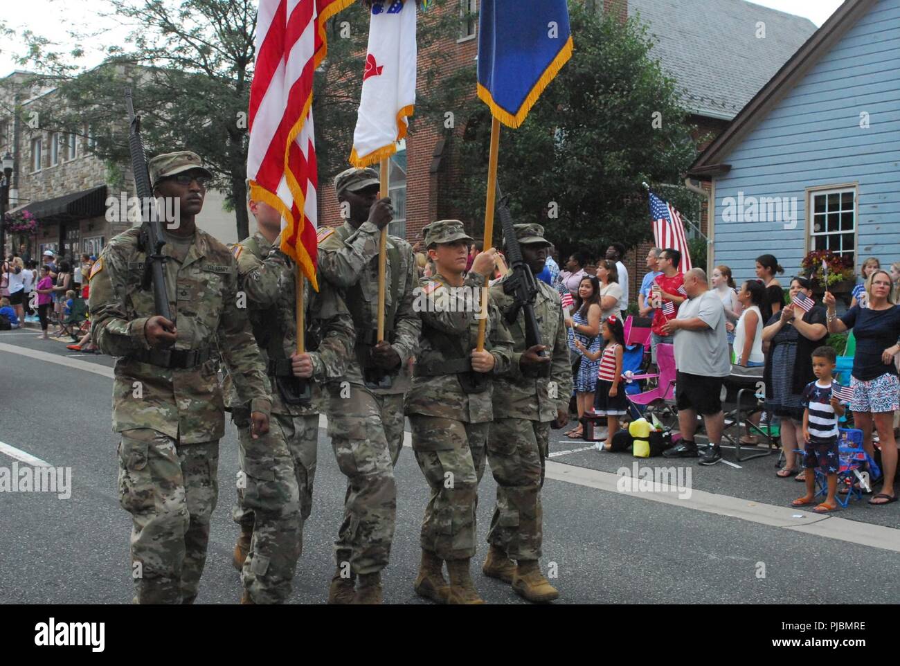The 20th CBRNE Command Honor Guard marches along Main Street in Bel Air