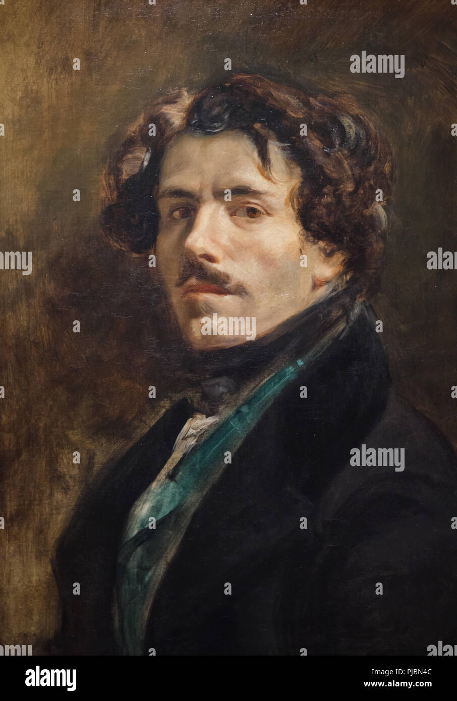 Self-portrait by French Romantic painter Eugène Delacroix, known as 'The Self-portrait in the Green Vest' (ca. 1837) on display at his retrospective exhibition in the Louvre Museum in Paris, France. The exhibition presenting the masterpieces of the leader of French Romanticism runs till 23 July 2018. Stock Photo