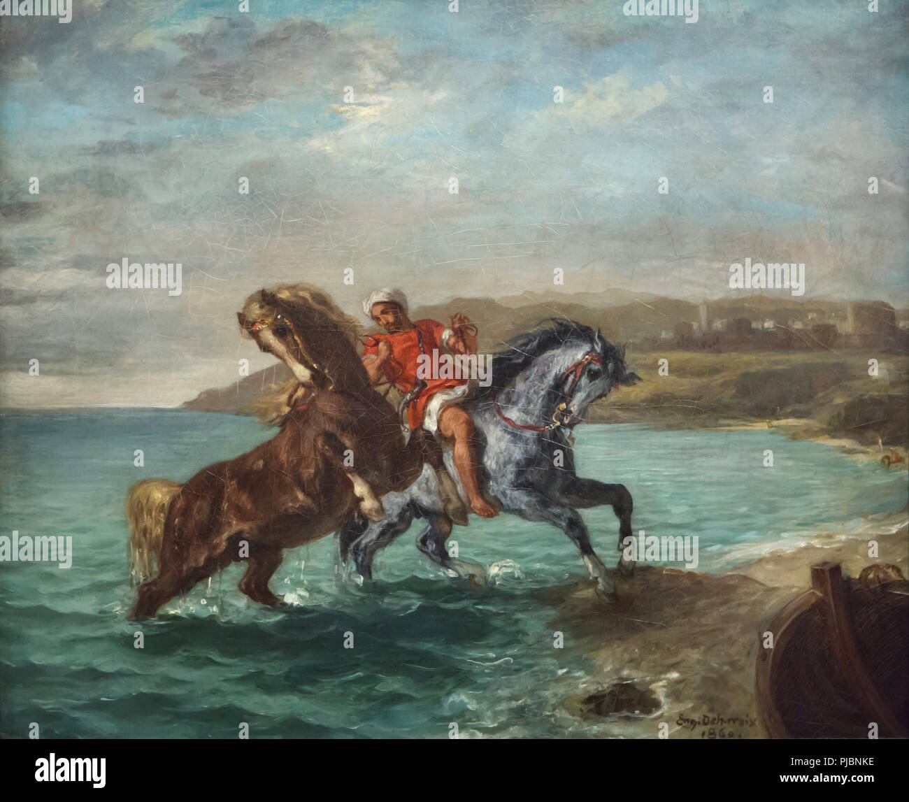 Painting 'Horses Coming Out of the Sea' (1858-1860) by French Romantic painter Eugène Delacroix on display at his retrospective exhibition in the Louvre Museum in Paris, France. The exhibition presenting the masterpieces of the leader of French Romanticism runs till 23 July 2018. Stock Photo