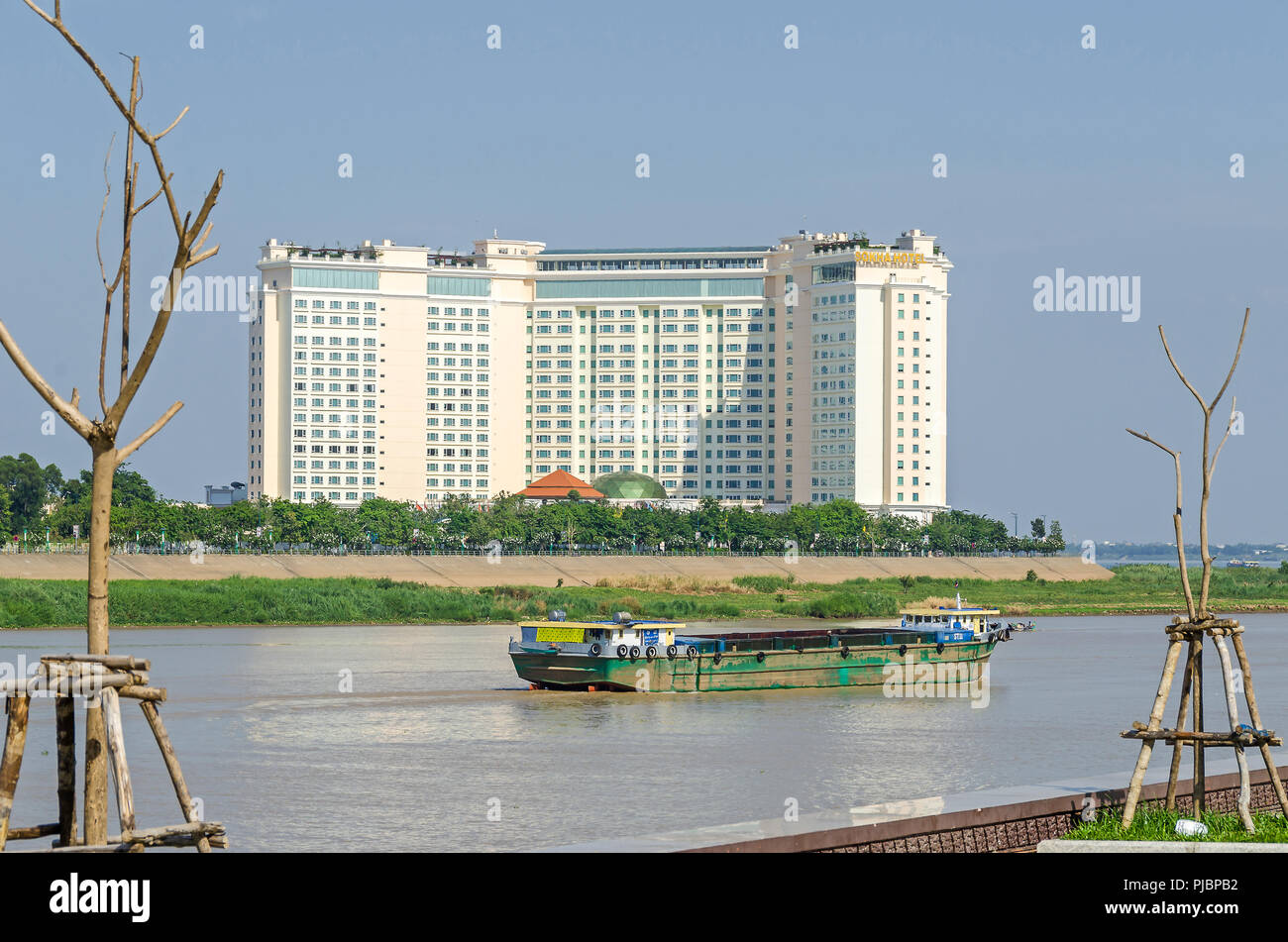 Phnom Penh, Cambodia - April 9, 2018: View from the Preah Sisowath Quay and from the Riverside Park over the navigable Tonle Sap River at the Tonle Sa Stock Photo