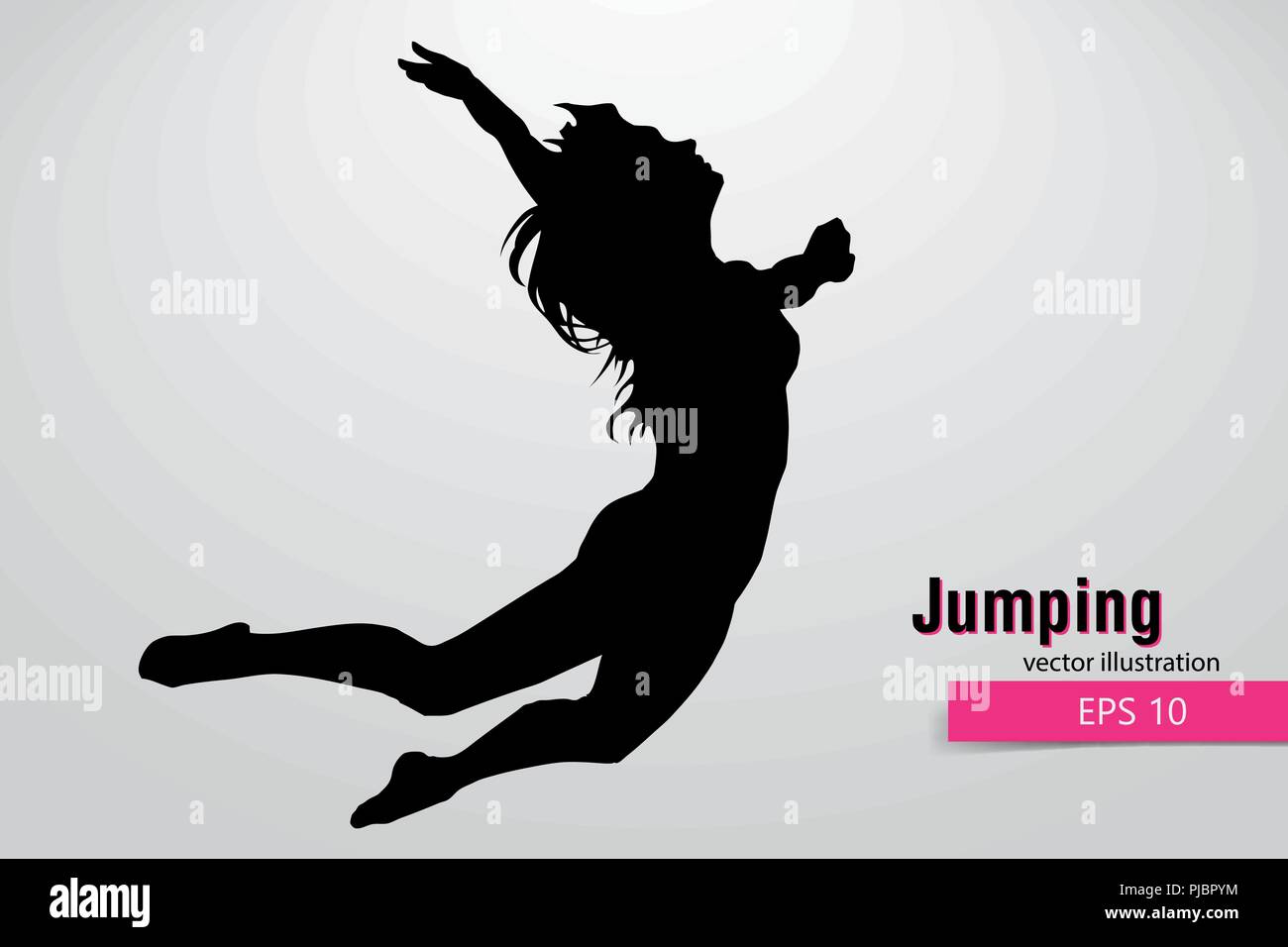 Silhouette of a jumping girl. Text and background on a separate layer, color can be changed in one click. Stock Vector