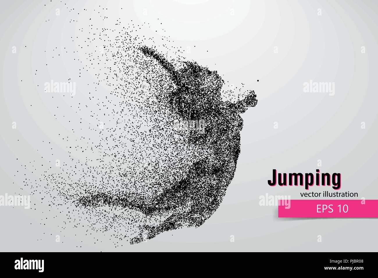 Silhouette of a jumping girl from particles. Text and background on a separate layer, color can be changed in one click. Stock Vector