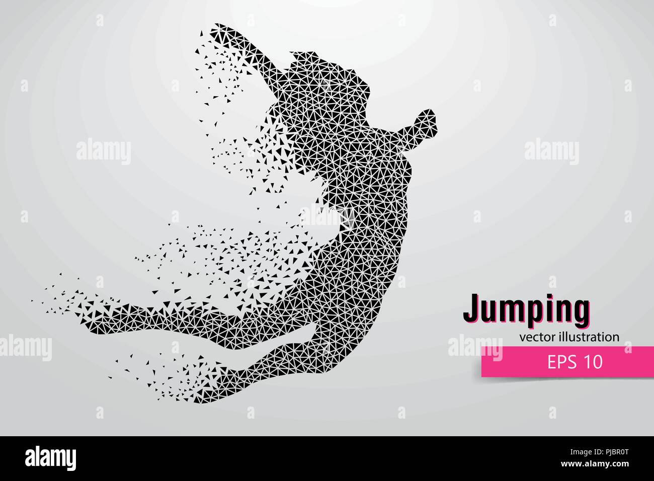 Silhouette of a jumping girl from triangles. Text and background on a separate layer, color can be changed in one click. Stock Vector