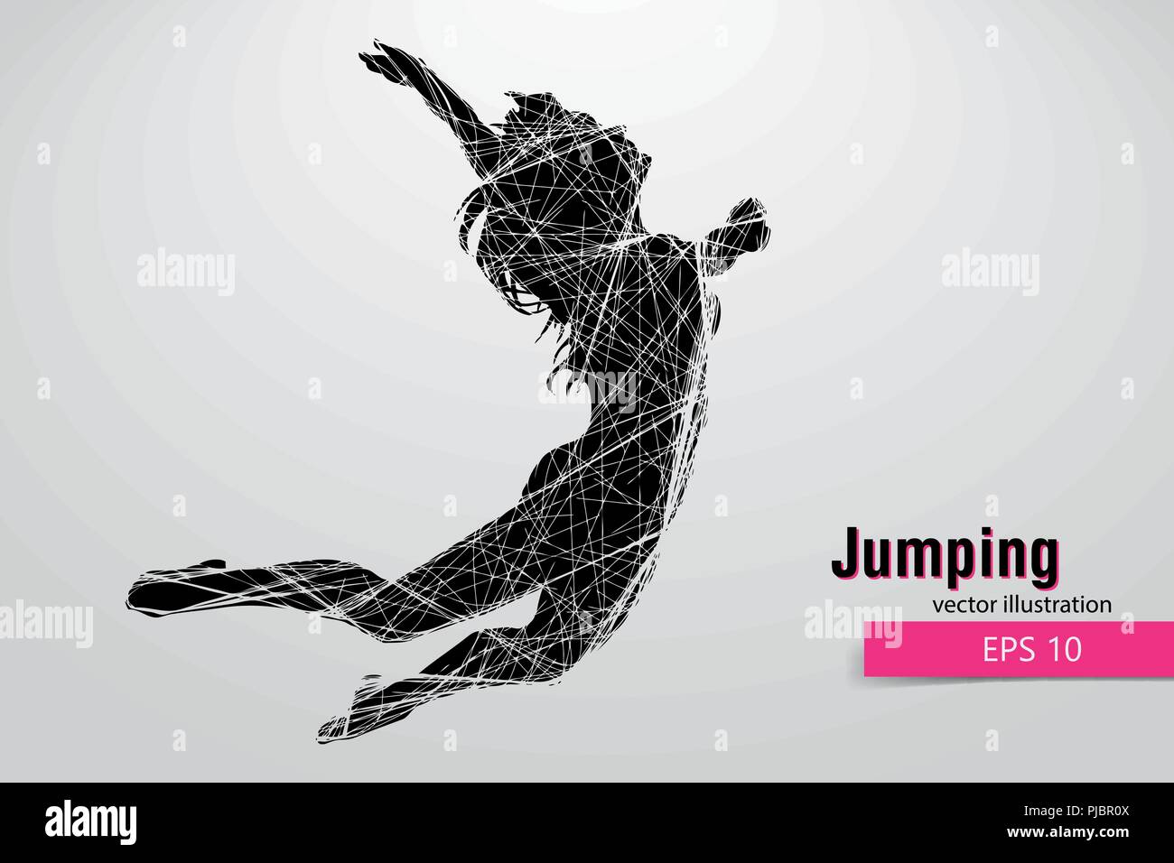 Silhouette of a jumping girl. Text and background on a separate layer, color can be changed in one click. Stock Vector