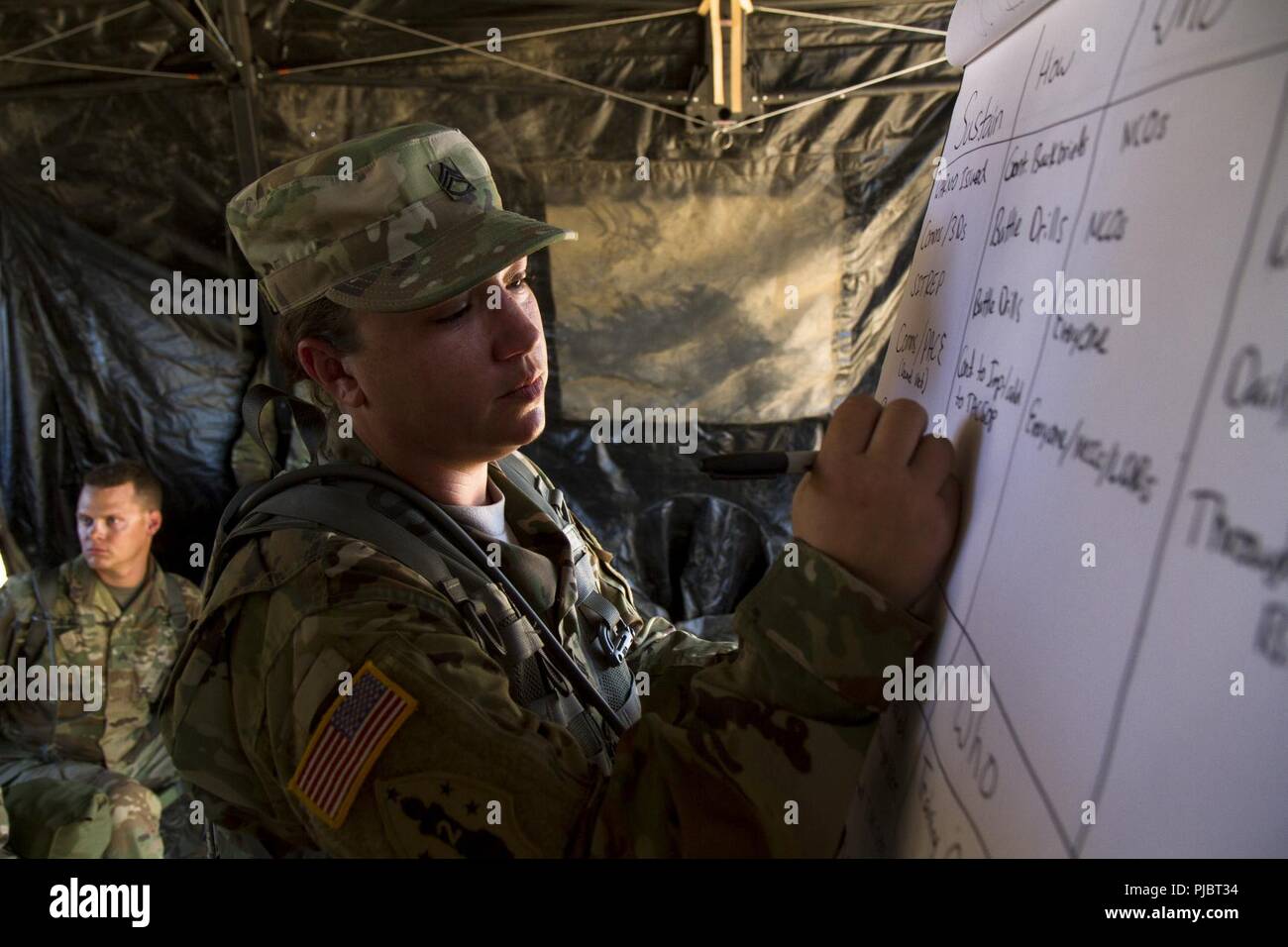 FORT HUNTER LIGGETT-- U.S. Army Reserve Staff Sgt. Amanda Ray of the 2340th OC/T Battalion, Louisville, Kentucky takes notes for Soldiers conducting an after action review during the 91st Training Division's Combat Support Training Exercise (CSTX), July 12, 2018 in Ft. Hunter Liggett, California.  CSTX 91-18-01 that ensures America’s Army Reserve units and Soldiers are trained and ready to deploy and bring capable, combat-ready, and lethal firepower in support of the Army and our joint partners anywhere in the world. Stock Photo
