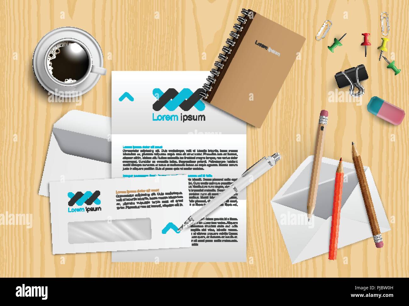 Realistic office desk with different objects, vector illustration Stock Vector
