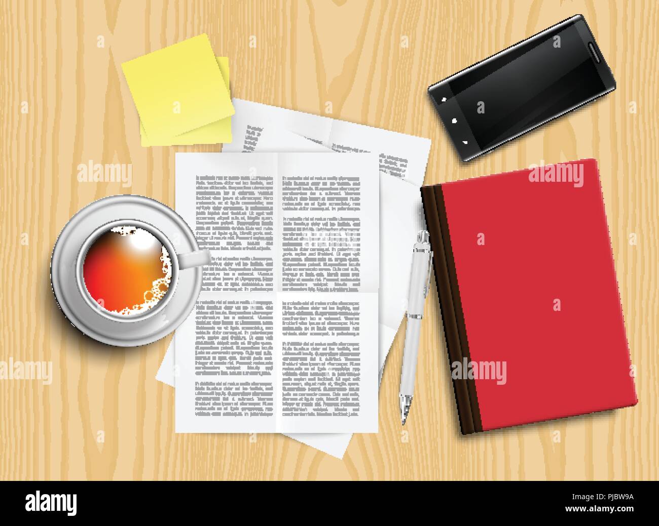 Realistic office desk with different objects, vector illustration Stock Vector