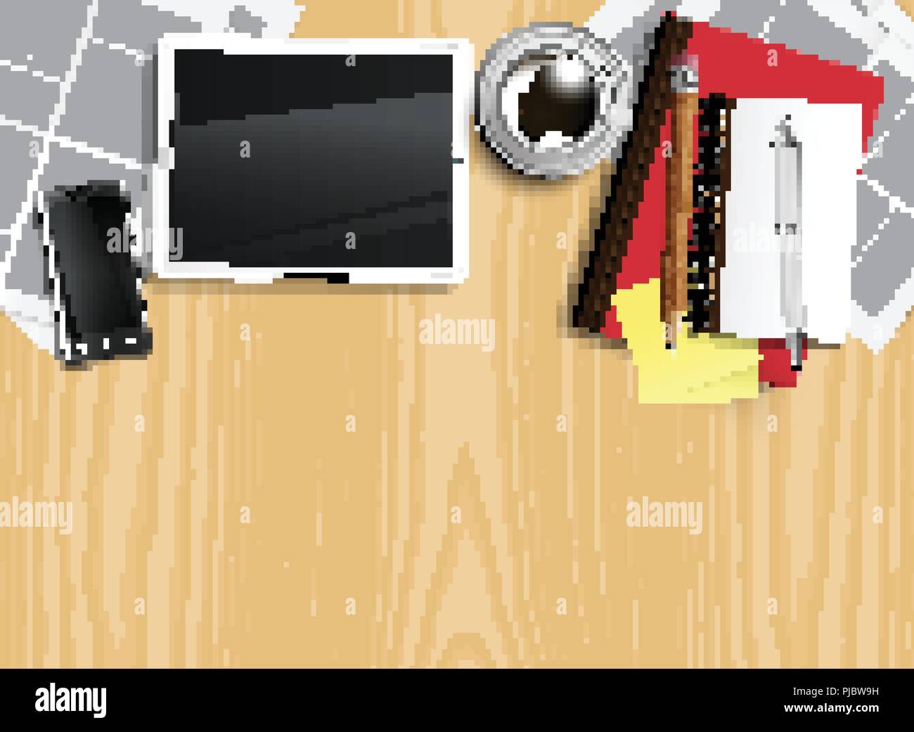 Realistic office desk with different objects, vector illustration Stock Vector