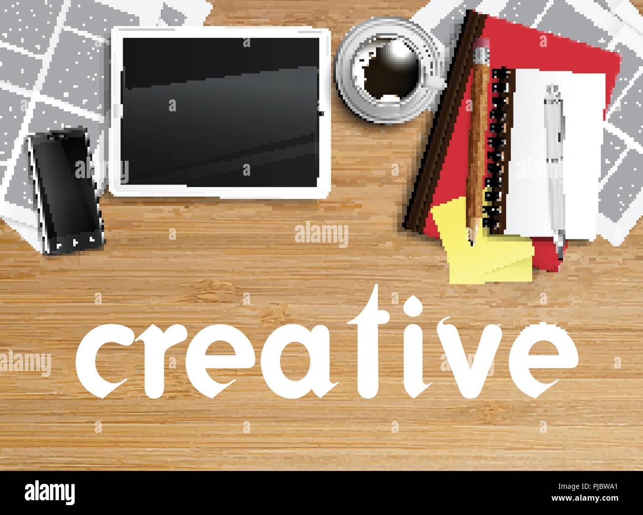 Realistic office desk with different objects, vector illustration Stock