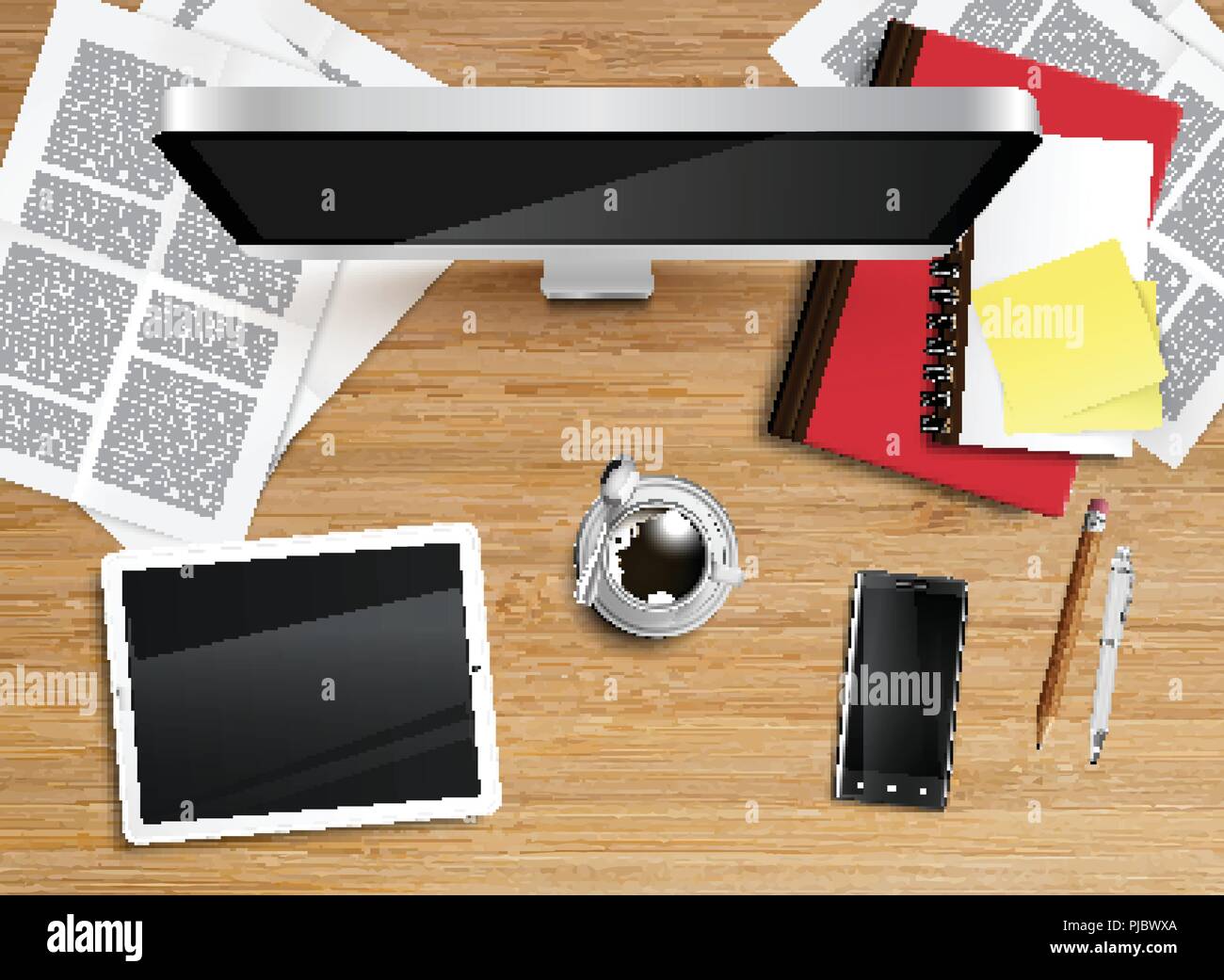 Realistic office desk with different objects, vector illustration Stock