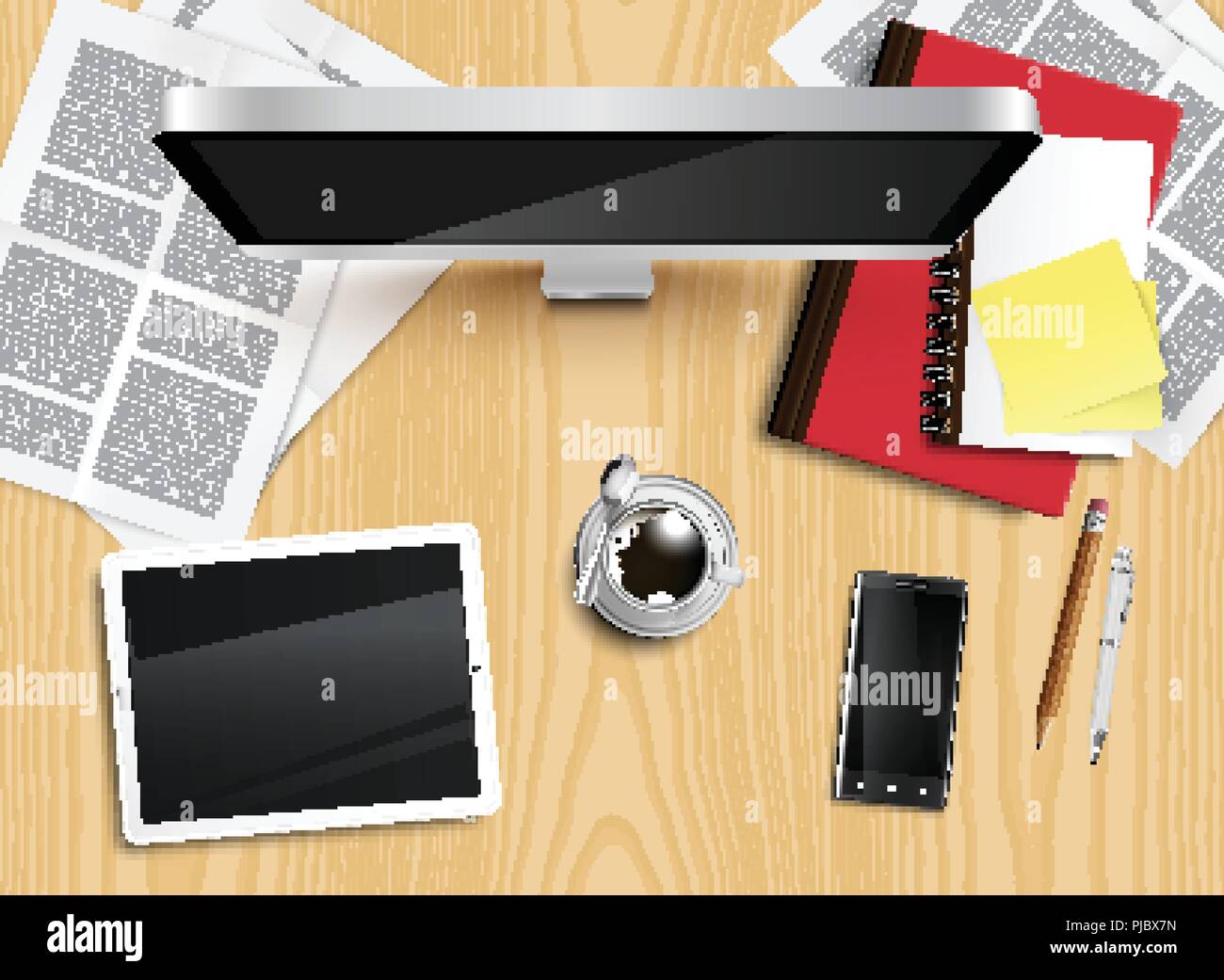 Realistic office desk with different objects, vector illustration Stock Vector