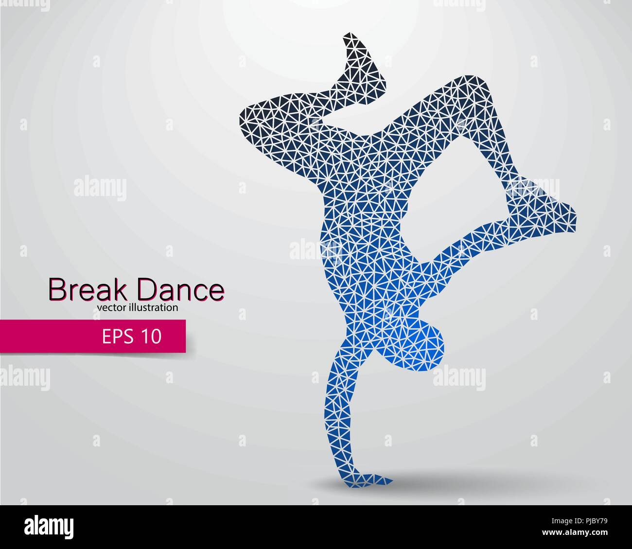 Silhouette of a break dancer from triangles. Background and text on a separate layer, color can be changed in one click. Stock Vector