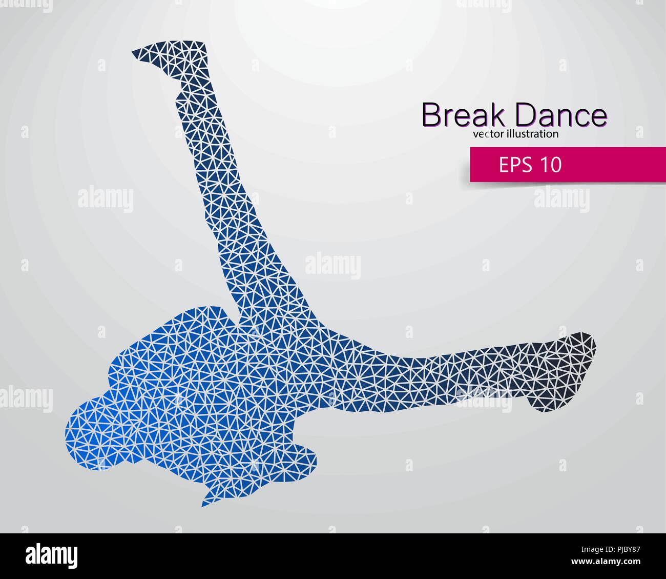 Silhouette of a break dancer from triangles. Background and text on a separate layer, color can be changed in one click. Stock Vector