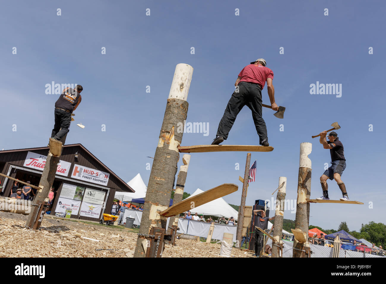 Men compete in lumberjack competition, Cherry Valley Outdoor Games, Otsego County, New York State. Stock Photo