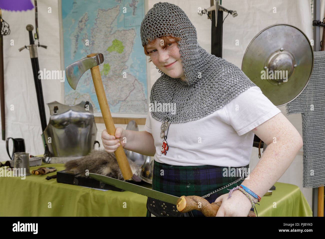 Young freckled woman in costume at Capital District Scottish Games in Altamont, New York Stock Photo