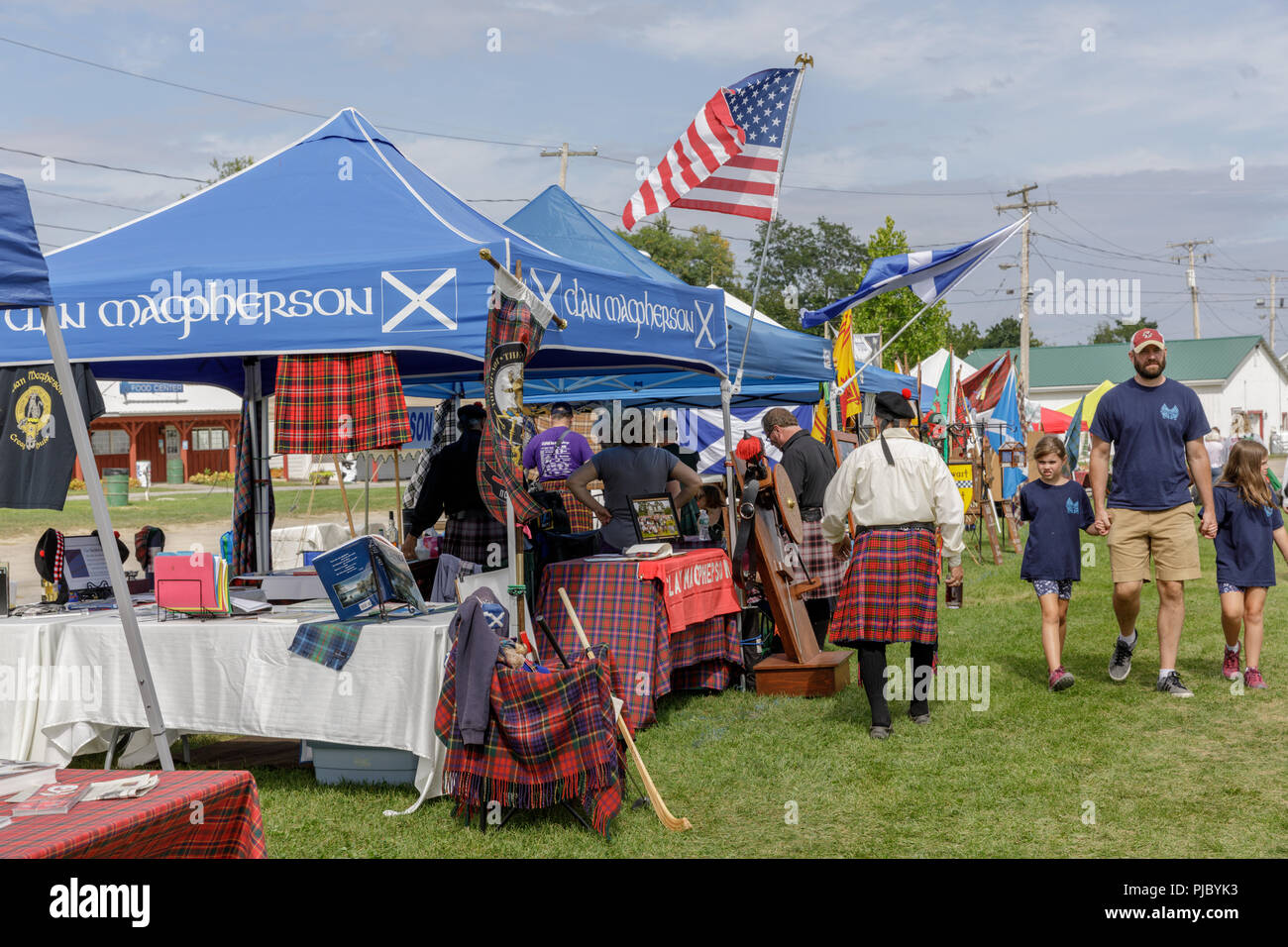 Some of the booths devoted to clans and societies at the Capital District Scottish Games in Altamont, New York Stock Photo