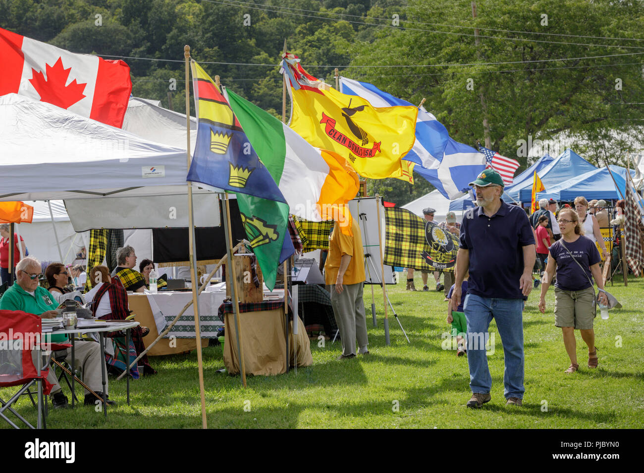 Some of the booths devoted to clans and societies at the Capital District Scottish Games in Altamont, New York Stock Photo