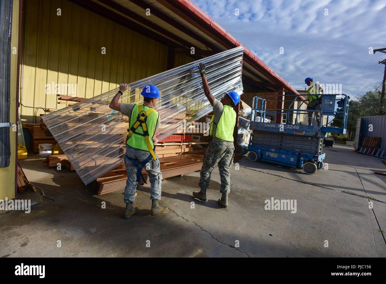 U.S. Airmen from the 169th Civil Engineer Squadron, construct homes for Native American veterans during the “Deployment for Training” mission to Gallup, New Mexico, July 17, 2018. Airmen assigned to the South Carolina Air National Guard's 169th Fighter Wing partnered with the Southwest Indian Foundation to provide all phases of the construction process including carpentry, framing, electrical, plumbing and site work. Stock Photo