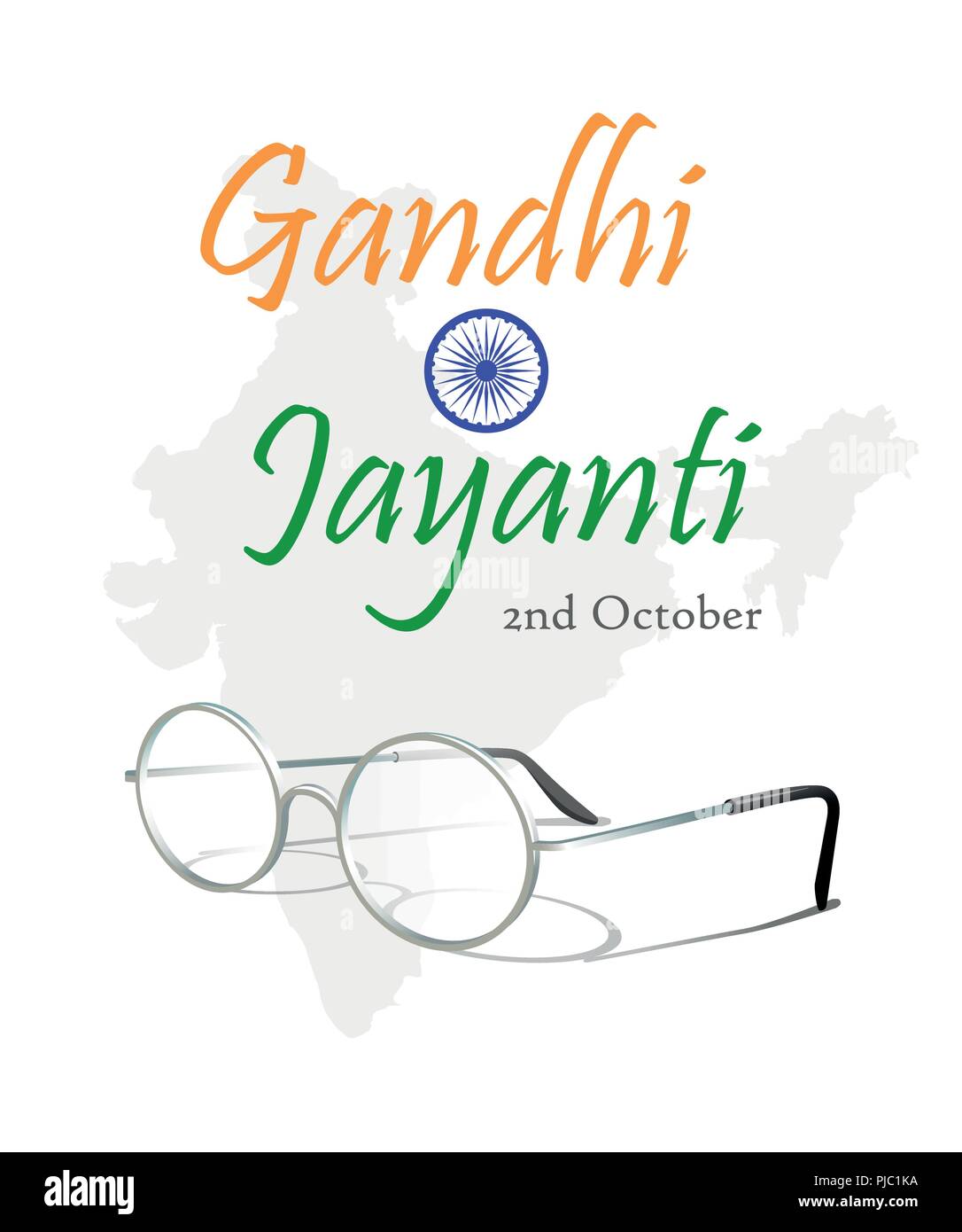 2nd October. Gandhi Jayanti. An inscription in the form of Indian flag with ashoka chakra and eyeglasses over silhouette of the map of India. Vector i Stock Vector