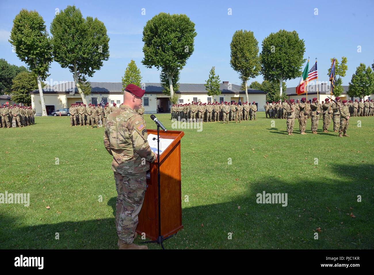 U.S. Army Lt. Col. Robert M. Shaw, commander of 1st Battalion, 503rd Infantry Regiment, 173rd Airborne Brigade, provides remarks during the change of responsibility ceremony at Caserma Ederle in Vicenza, Italy, July 19, 2018. The 173rd Airborne Brigade is the U.S. Army Contingency Response Force in Europe, capable of projecting ready forces anywhere in the U.S. European, Africa or Central Commands' areas of responsibility. Stock Photo