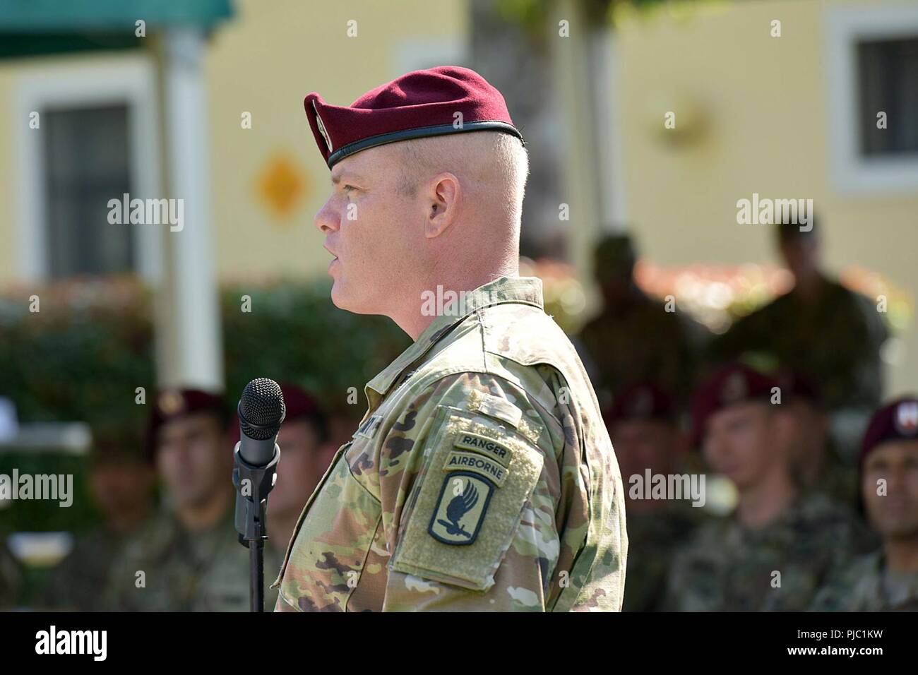 U.S. Army Lt. Col. Robert M. Shaw, commander of 1st Battalion, 503rd Infantry Regiment, 173rd Airborne Brigade, provides remarks during the change of responsibility ceremony at Caserma Ederle in Vicenza, Italy, July 19, 2018. The 173rd Airborne Brigade is the U.S. Army Contingency Response Force in Europe, capable of projecting ready forces anywhere in the U.S. European, Africa or Central Commands' areas of responsibility. Stock Photo