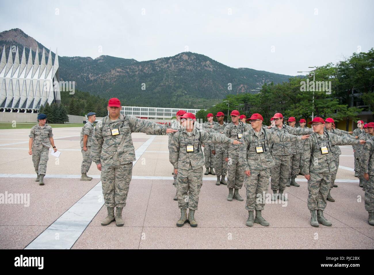 U.S. Air Force Academy -- Cadets 1st Class William Botterbusch and Liam Sax perform open ranks inspection on basic cadets, Jul. 20, here. Stock Photo