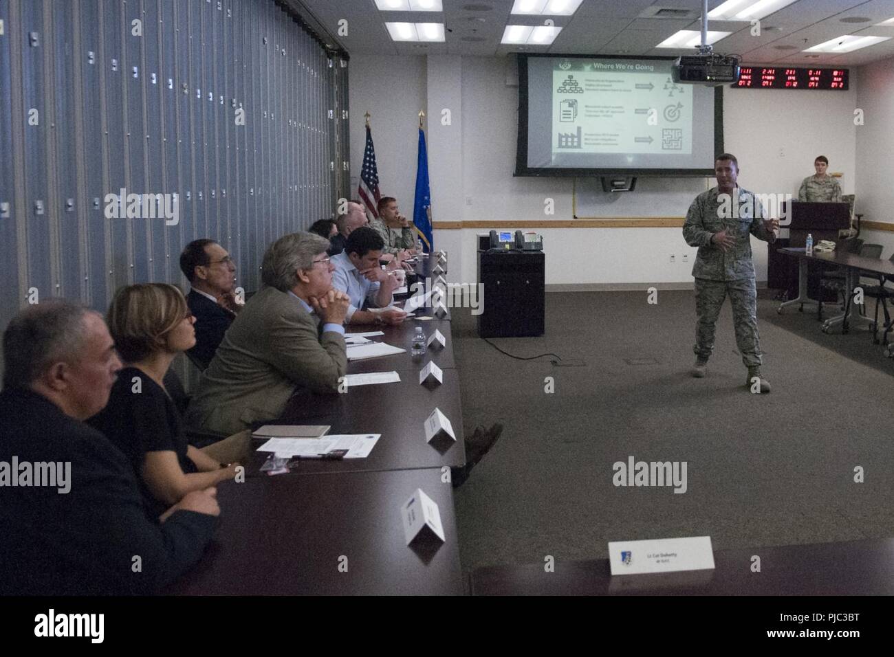 Lt. Col. Michael Doherty, 48th Intelligence Squadron commander, talks about cultivating innovation culture during a Defense Innovation Board visit at Beale Air Force Base, California July 12, 2018. The board visits different installations is to see successes that they can try to replicate in the Department of Defense. Stock Photo