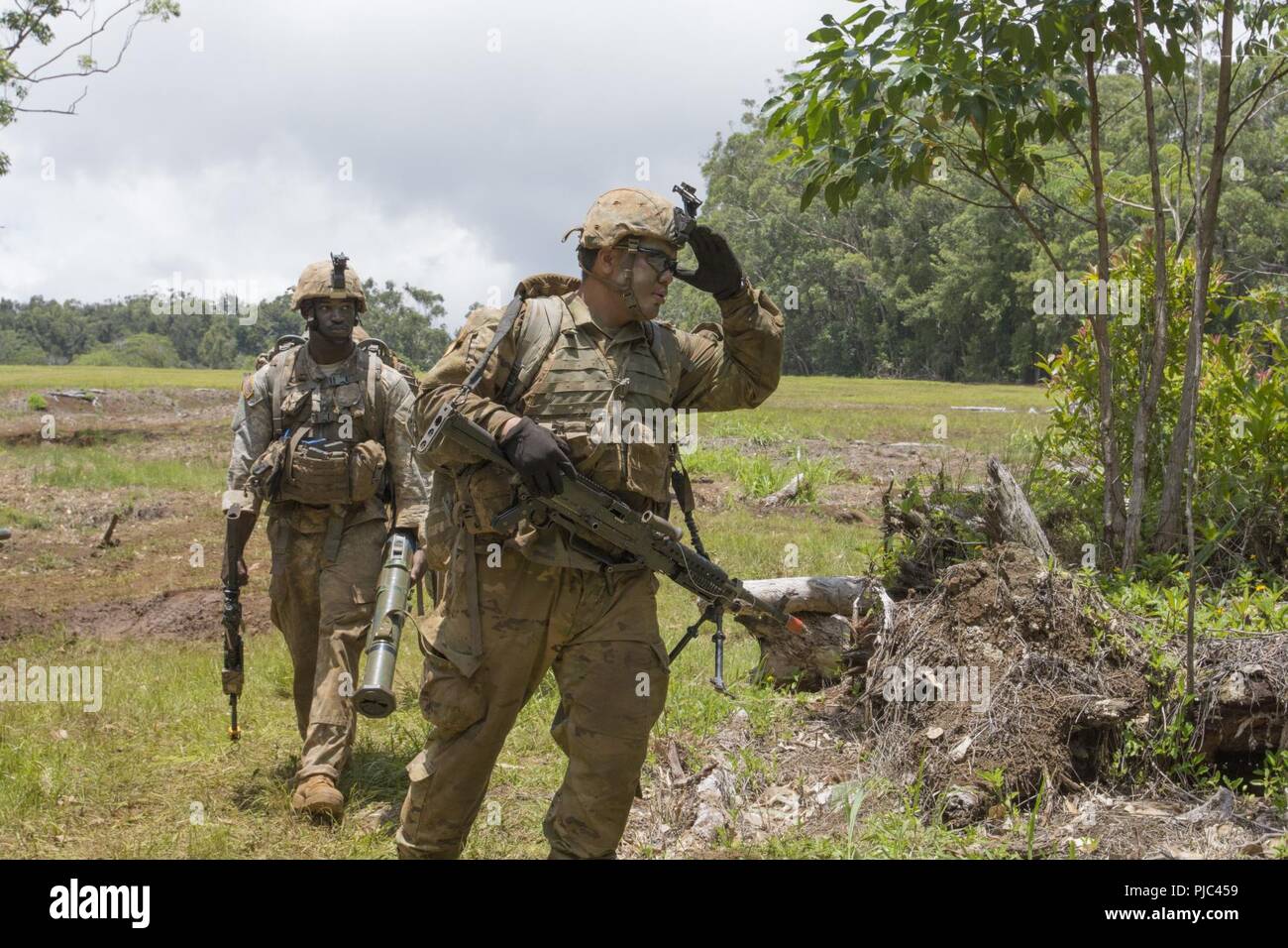 U.S. Army Reserve Soldiers with B Company, 100th Infantry Battalion, 442nd Infantry Regiment, 9th Mission Support Command conduct a situational training exercise at East Range in Schofield Barracks, Hawaii, July 11, 2018.  The exercise will validate the Soldiers skill in preparation for Lightning Forge 18. Stock Photo