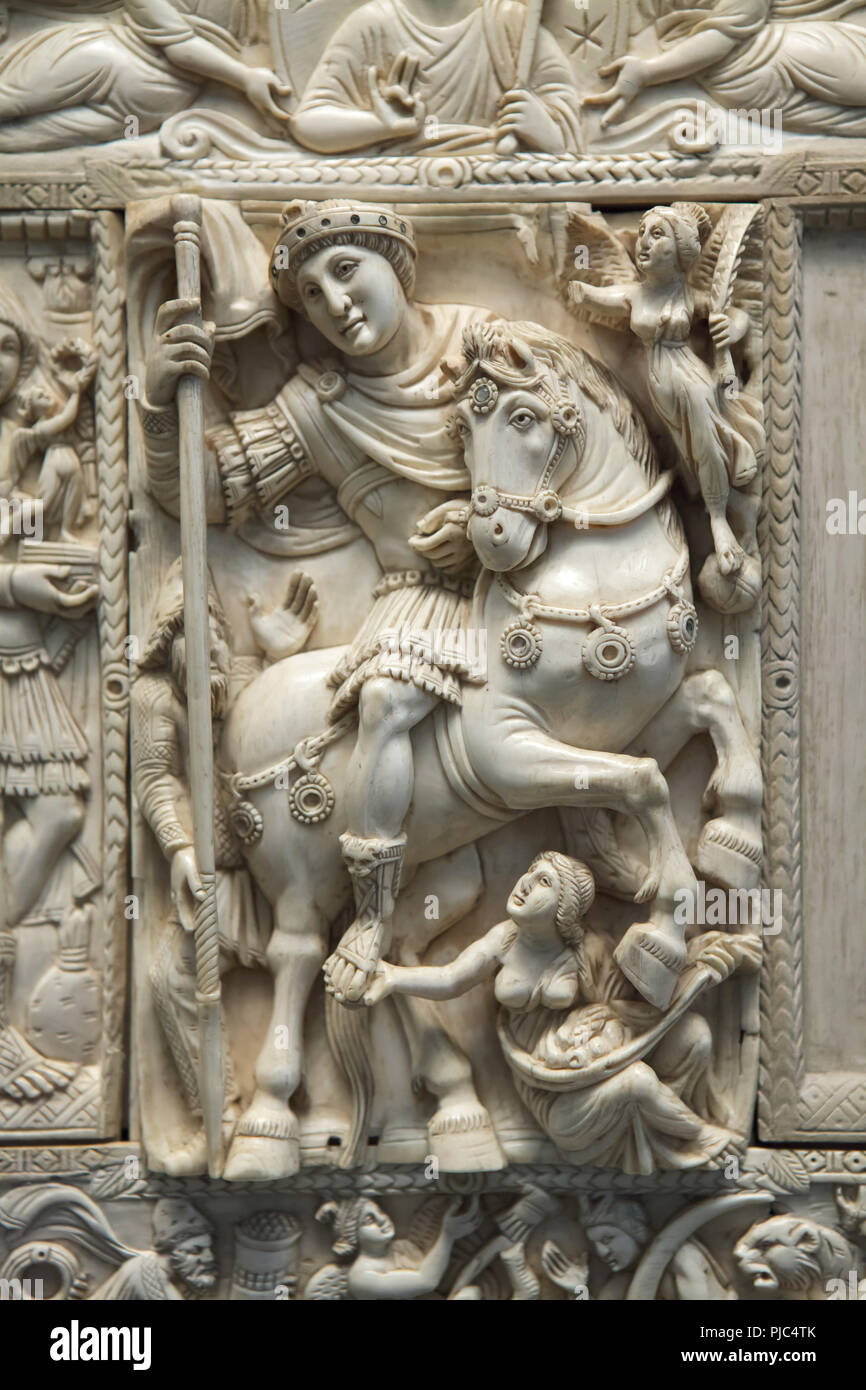 Triumphant Byzantine emperor depicted in the central panel of the Barberini ivory on display in the Louvre Museum in Paris, France. The Byzantine ivory leaf dated from the first half of the 6th century represents the emperor as triumphant victor, usually identified as Emperor Justinian, or possibly Anastasius I Dicorus or Zeno. Stock Photo