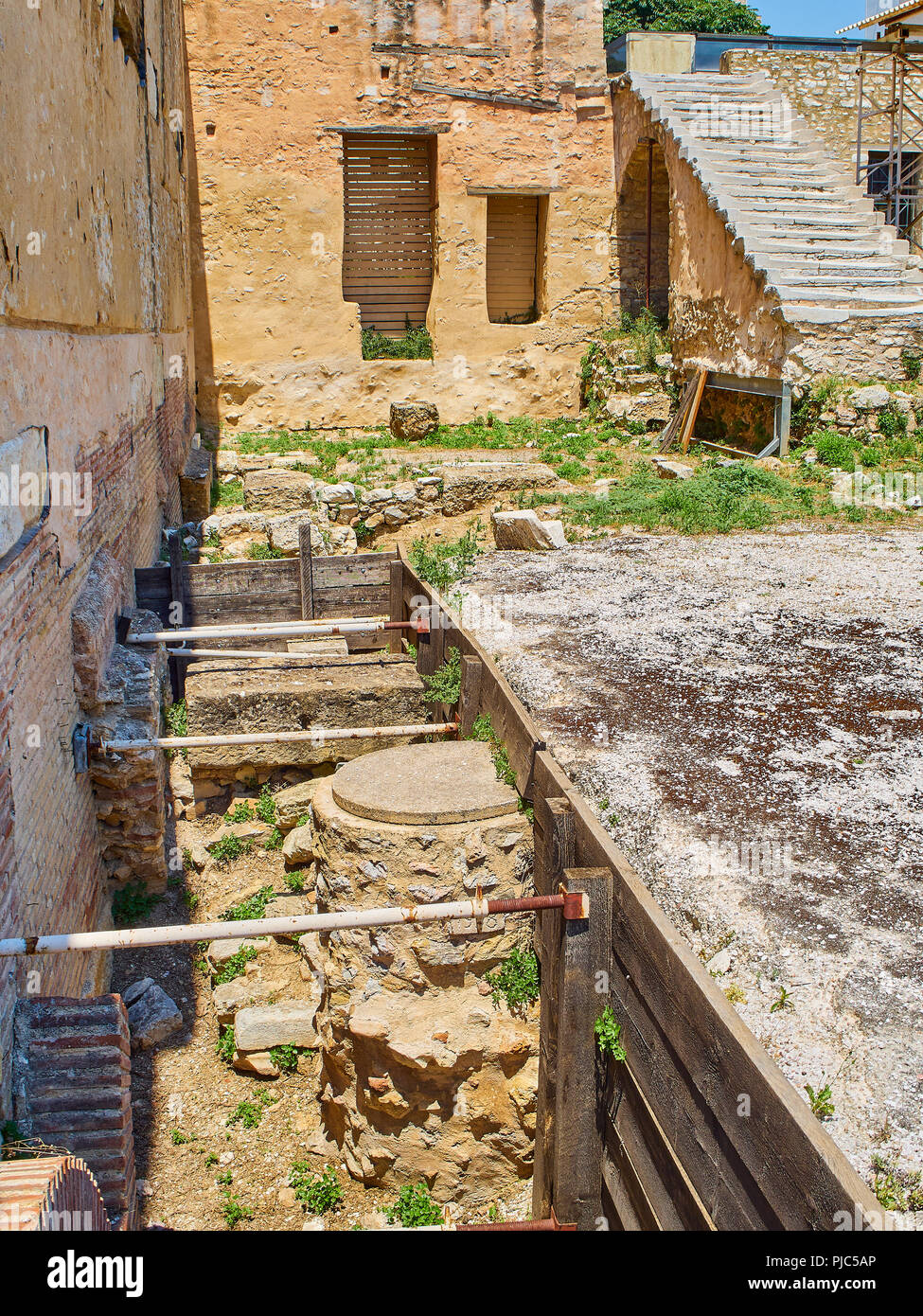 Remains of Greek sewage system of the Hadrian's Library in Athens, Attica region, Greece. Stock Photo