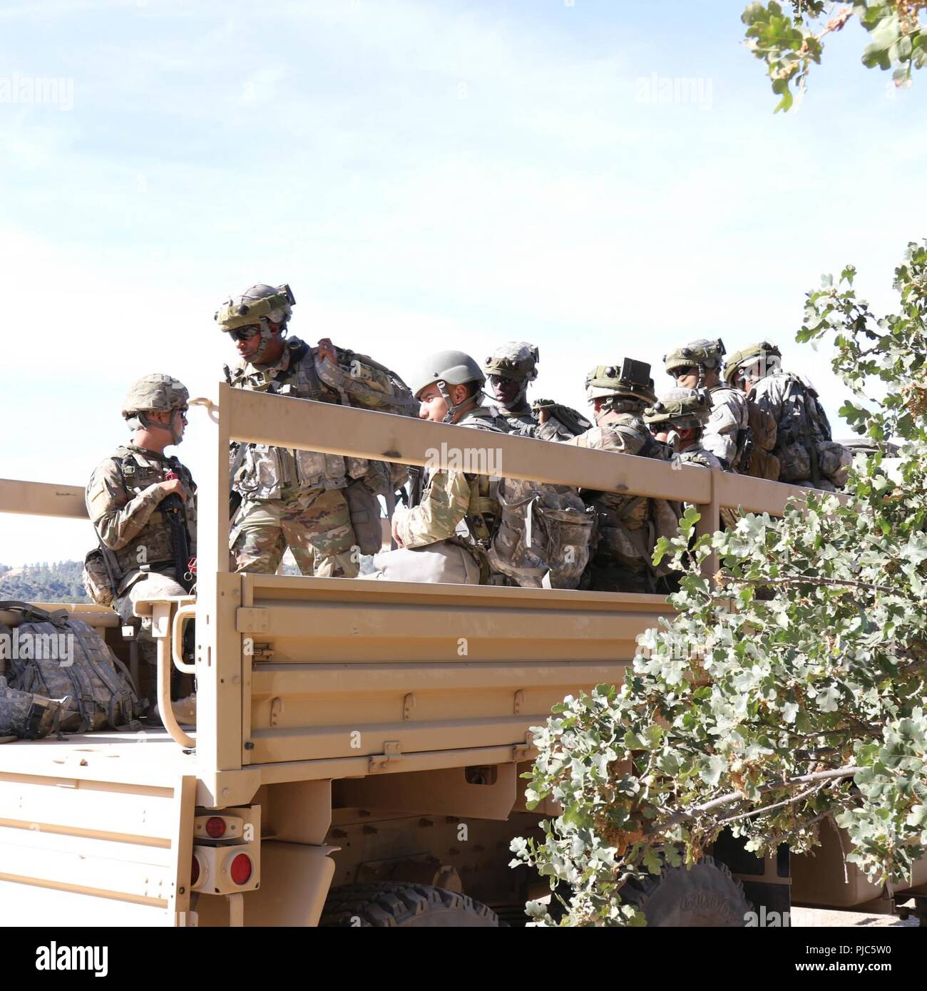 U.S. Army Reserve Soldiers from the 900th Quartermaster Company, headquartered in El Paso, TX, complete a convoy during CSTX 91-18-01, July 10, 2018, at Fort Hunter Liggett, CA.  CSTX 91-18-01 is a Combat Support Training Exercise that ensures America’s Army Reserve units and Soldiers are trained and ready to deploy on short-notice and bring capable, combat-ready, and lethal firepower in support of the Army and our joint partners anywhere in the world. Stock Photo