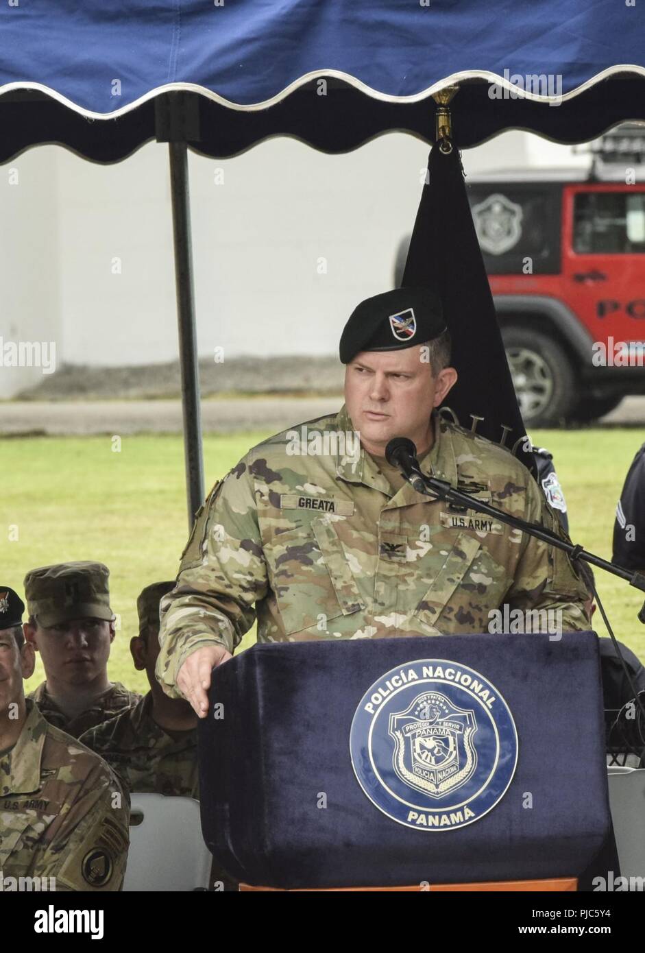 U.S. Army Col. Brian Greata, deputy commanding officer of Special Operations Command South speaks during the Fuerzas Comando opening ceremony July 16, 2018, at the Instituto Superior Policial, Panama. Fuerzas Comando is an annual multinational special operations forces skills competition sponsored by U.S. Southern Command and hosted this year by the Ministry of Public Security, Panama. Through friendly competition, this exercise promotes interoperability, military-to-military relationships, increases training knowledge, and improves regional security. Stock Photo