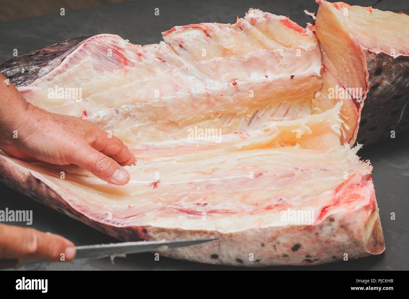 Cleaning the fish and cutting it into pieces. Hands of a fishmonger slicing Pintado fish. Pintado fish cutted in half. Brazilian Pintado fish, leather Stock Photo