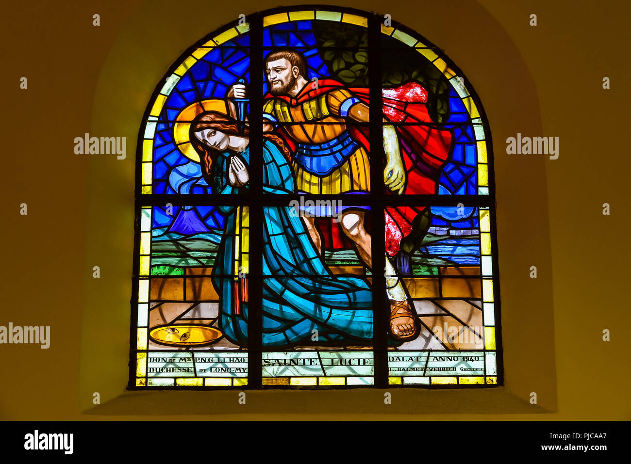 Stained glass window at the Chicken Church (Da Lat Cathedral), Da Lat, Vietnam. Stock Photo