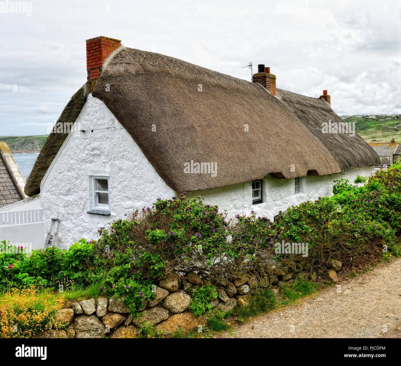 Thatched Roof Cottage Sennen Cove Cornwall England Uk Stock Photo