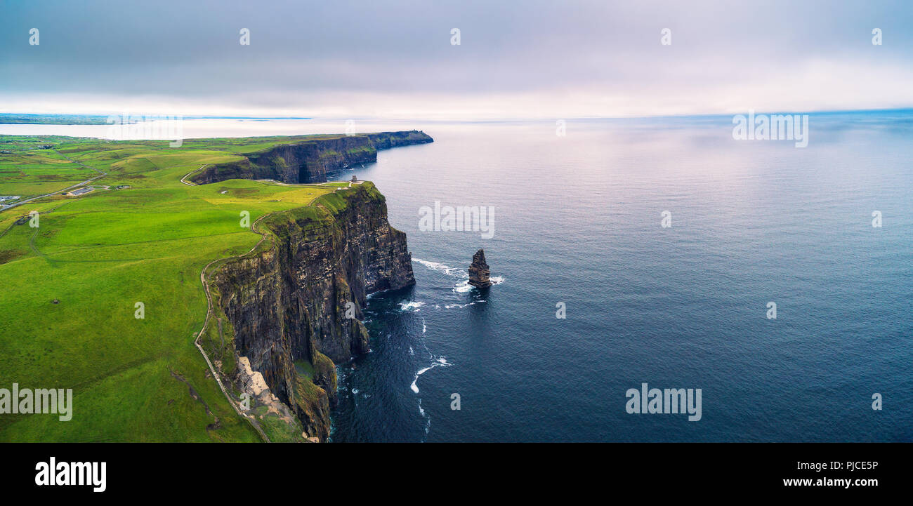 Aerial panorama of the scenic Cliffs of Moher in Ireland Stock Photo