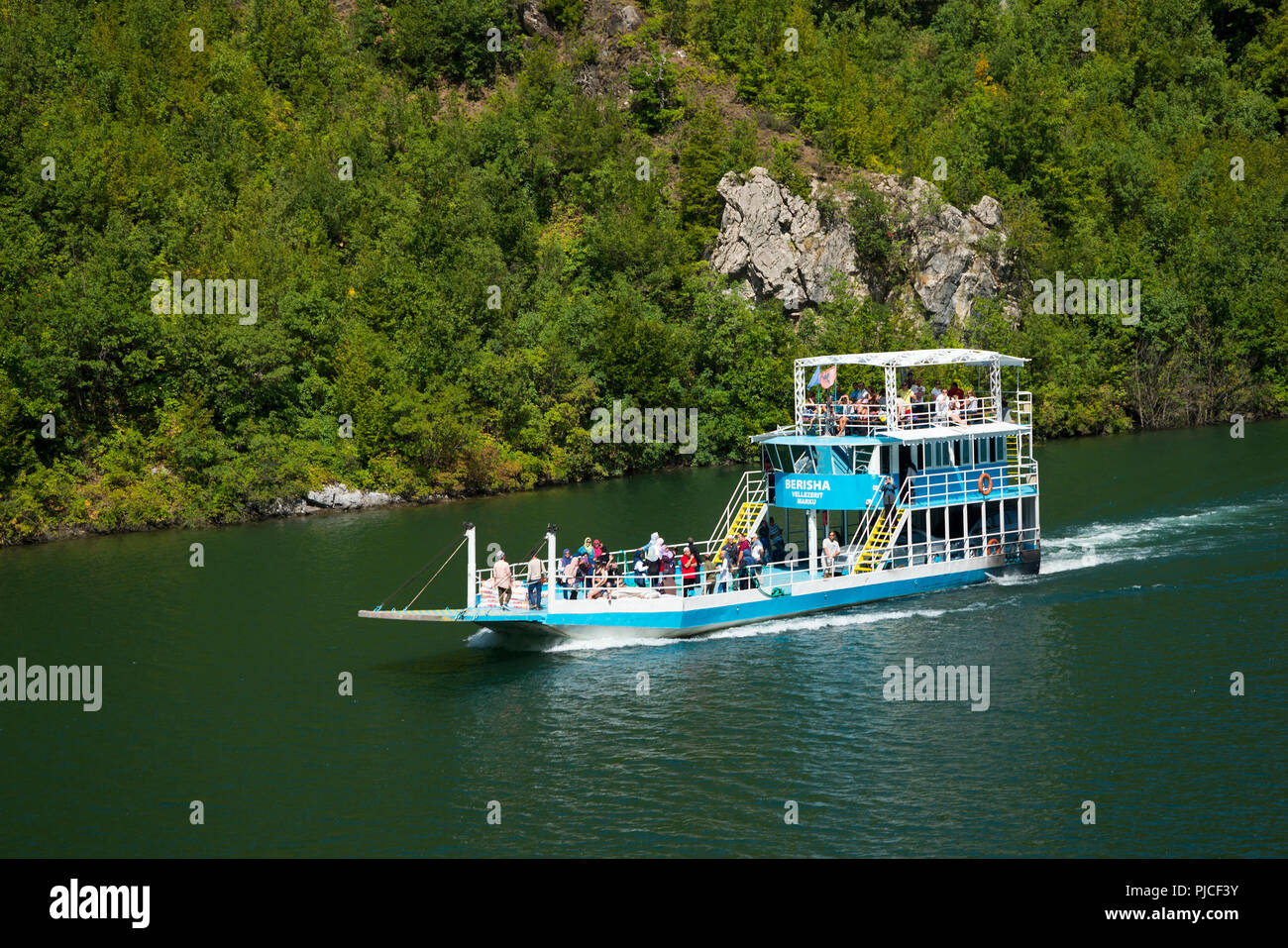 Ferry Berisha, coma rope's lake, river In it, Albania, ferry, Faehre Berisha, Koman-Stausee, Fluss Drin, Albanien, Fähre Stock Photo