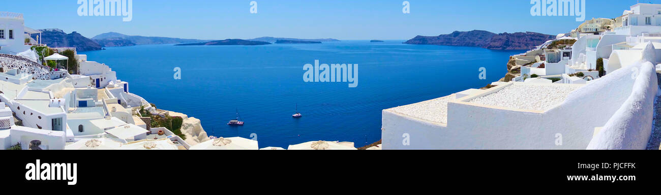 Panoramic view of sea and islands from Oia in Santorini, Greece Stock Photo