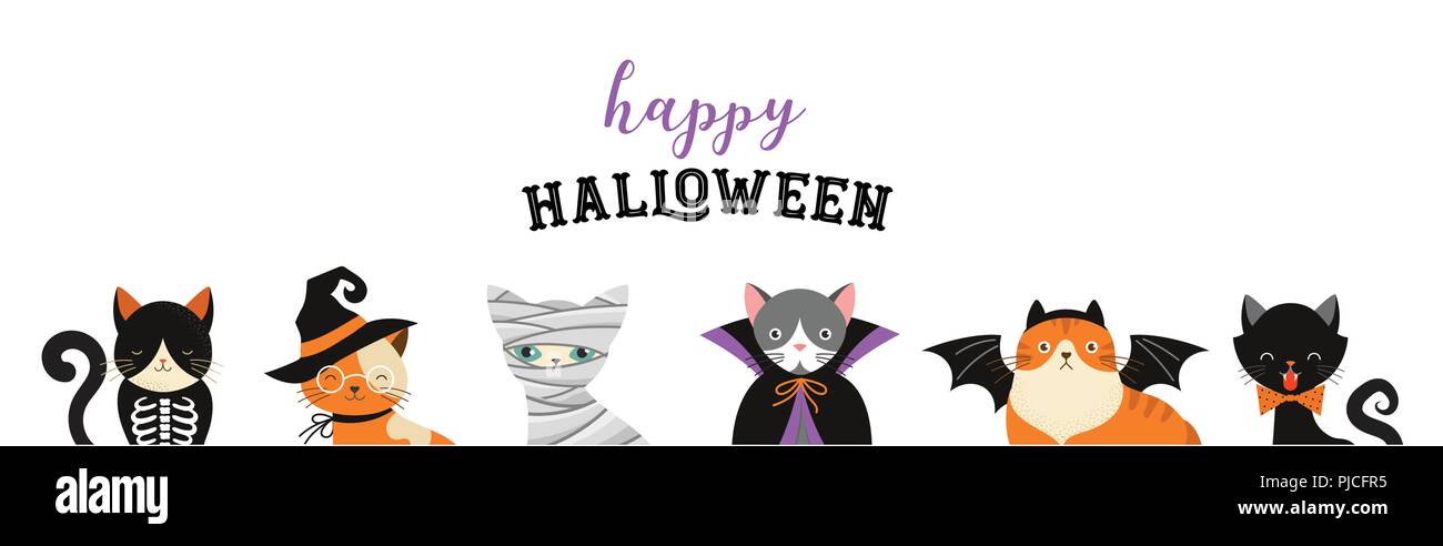 Happy Halloween - cats in monsters costumes, Halloween party. Vector illustration, banner, elements set Stock Vector