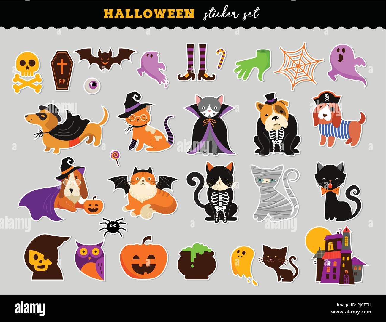 Happy Halloween - stickers set of cats and dogs in monsters costumes, Halloween party. Vector illustration, banner, elements set Stock Vector