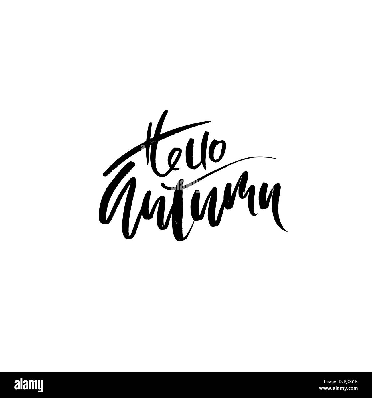 Hello autumn hand drawn lettering isolated on white background. Vector ...