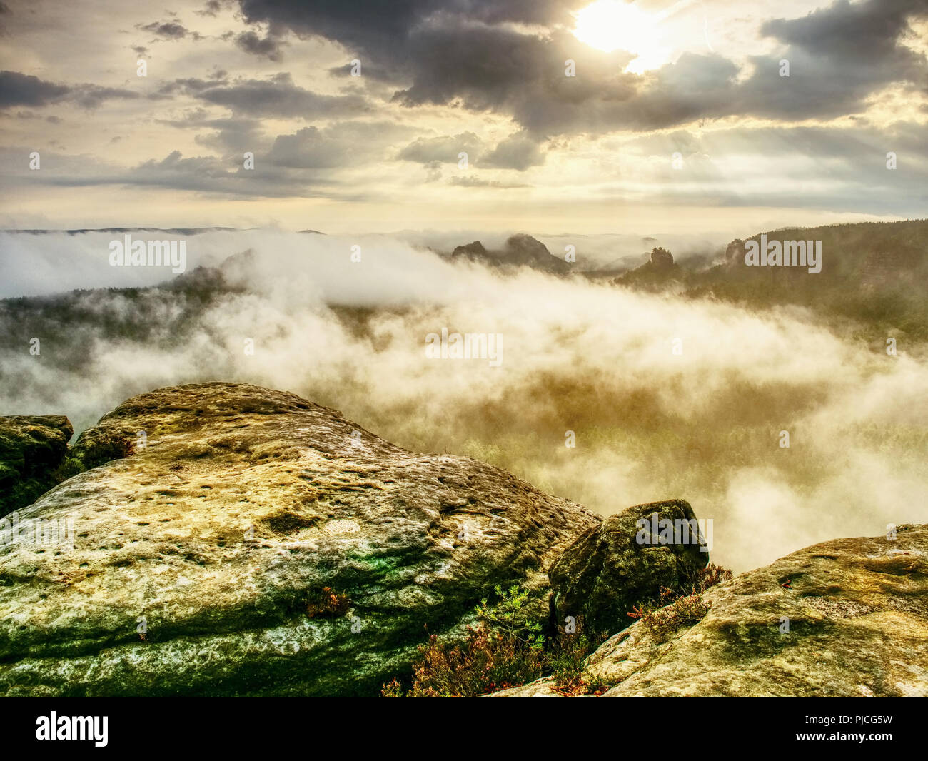 View into misty valley. High trees and rocky peaks increased from thick fog. Stock Photo