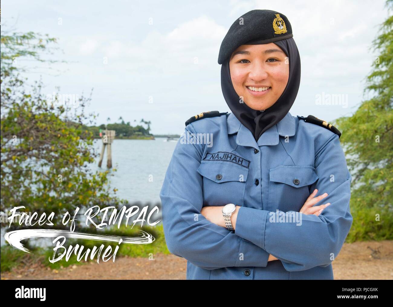 JOINT BASE PEARL HARBOR-HICKAM (July 17, 2018) Royal Brunei Navy Lt.jg. Najihah Hisab, from Darussalam, Brunei pauses for a portrait as part of a Rim of the Pacific (RIMPAC) campaign intended to highlight the diversity of participating nations called Faces of RIMPAC. Twenty-five nations, 46 ships, five submarines, about 200 aircraft and 25,000 personnel are participating in RIMPAC from June 27 to Aug. 2 in and around the Hawaiian Islands and Southern California. The world’s largest international maritime exercise, RIMPAC provides a unique training opportunity while fostering and sustaining coo Stock Photo