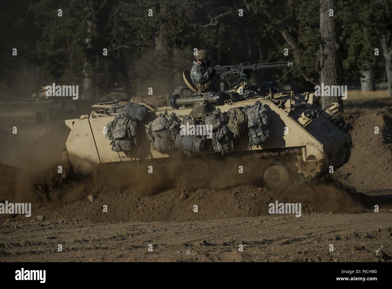 U.S. Army Reserve combat engineer Soldiers from the 374th Engineer Company, of Concord, California, ride through a berm in an M113 Armored Personnel Carrier on a combined arms breach during a Combat Support Training Exercise (CSTX) at Fort Hunter Liggett, California, July 22, 2018. This rotation of CSTX runs through the month of July, training thousands of U.S. Army Reserve Soldiers from a variety of functions to include military police, medical, chemical, logistics, transportation and more. Stock Photo